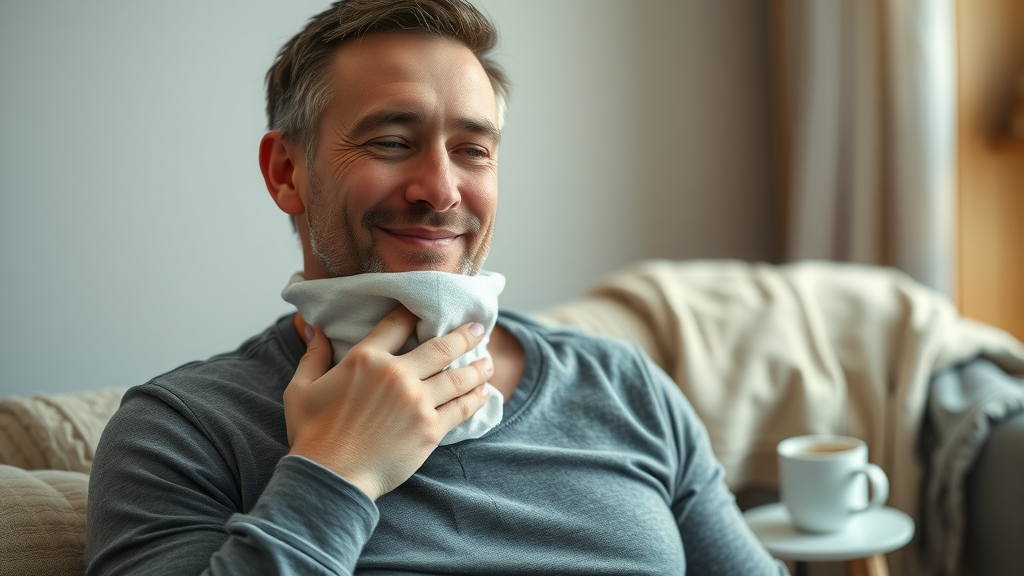 man placing an ice pack on the back of his neck for neck pain relief at home, cozy room setting
