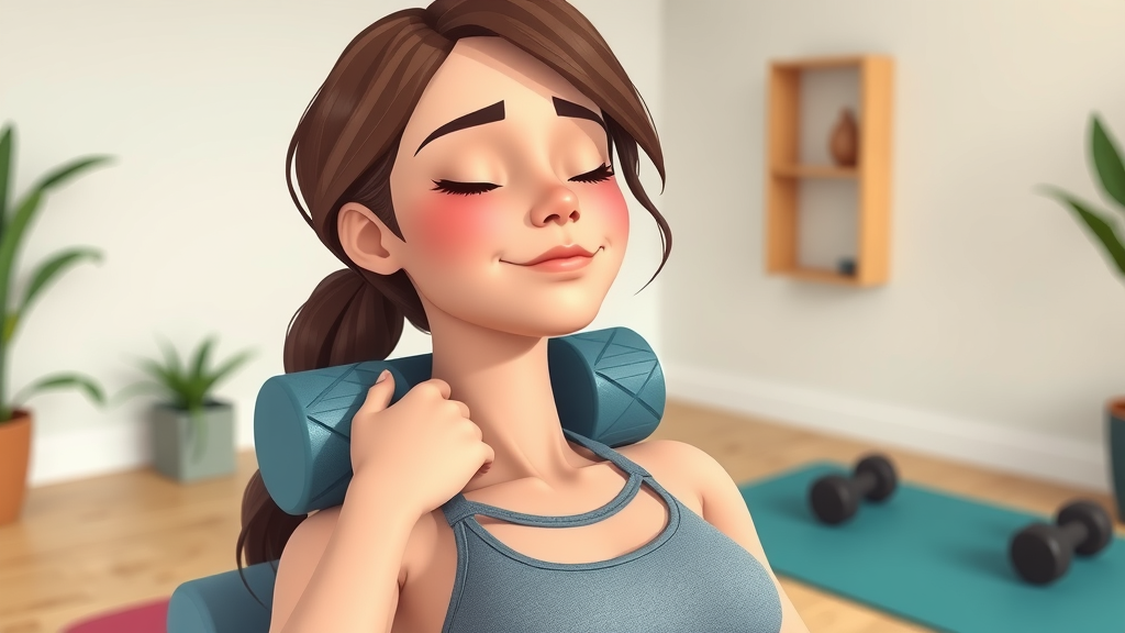 young woman calmly using a foam roller for neck pain relief in a home gym, example of home remedies for neck pain