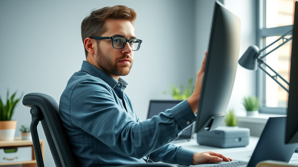 office worker adjusting ergonomic chair for neck pain prevention with good posture at workstation