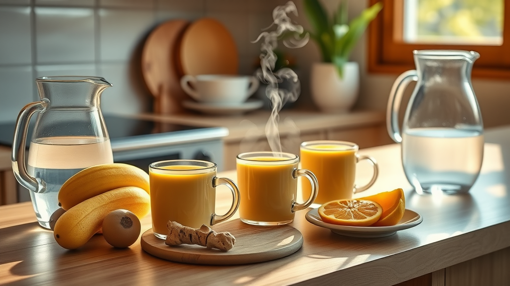 healthy kitchen scene with ginger tea, turmeric milk, and fresh fruit, highlighting nutrition tips for neck pain relief at home