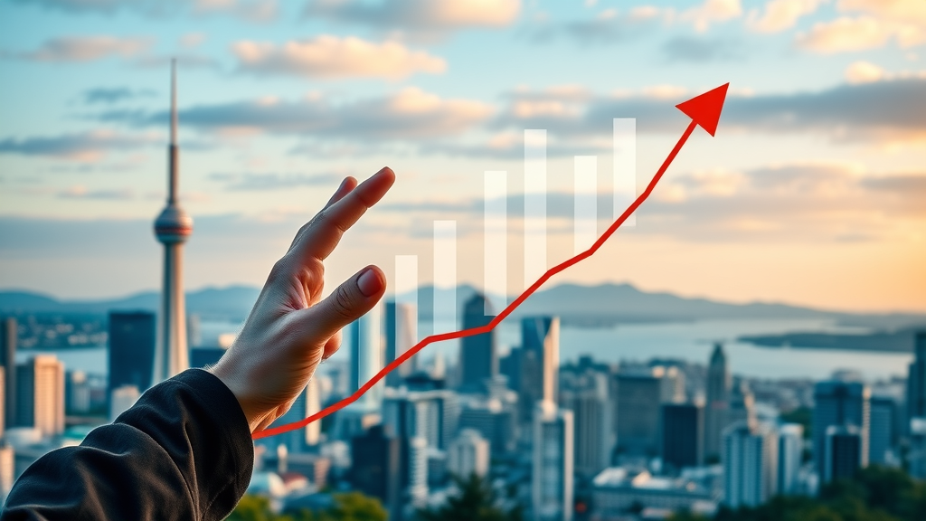Infographic showing New Zealand business growth and rising local business visibility NZ trends, with Auckland cityscape in background, and upward bar graphs and charts.