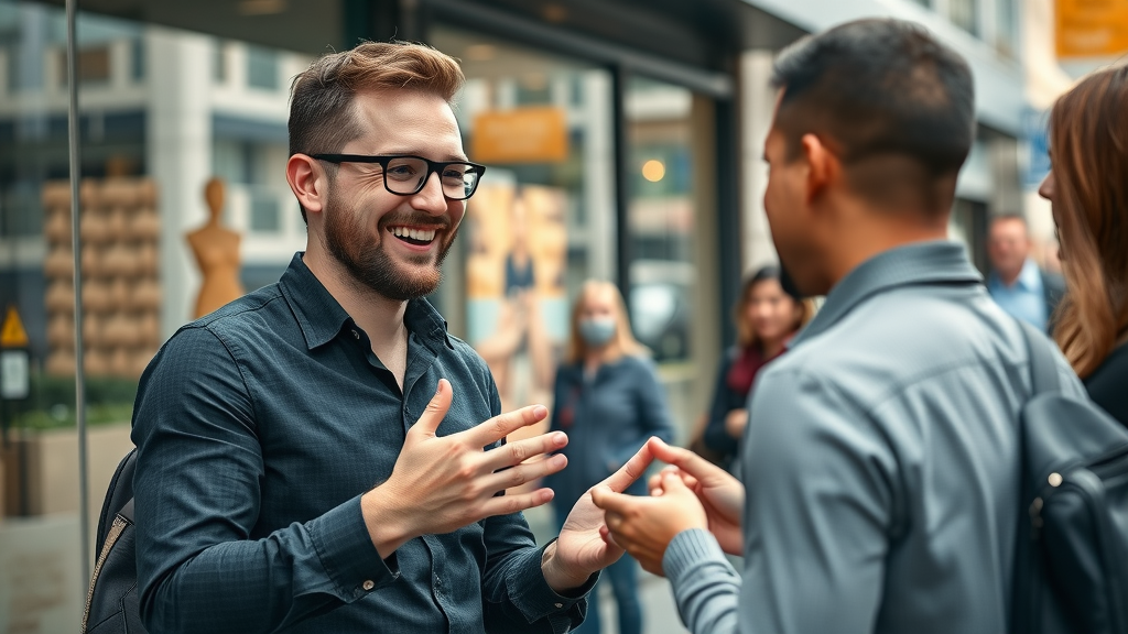 Auckland business owner consulting with customers, highlighting local business visibility NZ with visible shopfront and urban street vibe.