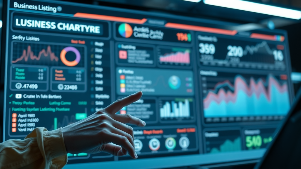 Dynamic dashboard for managing business listings, featuring real-time analytics for local business visibility NZ, modern workspace digital interface.