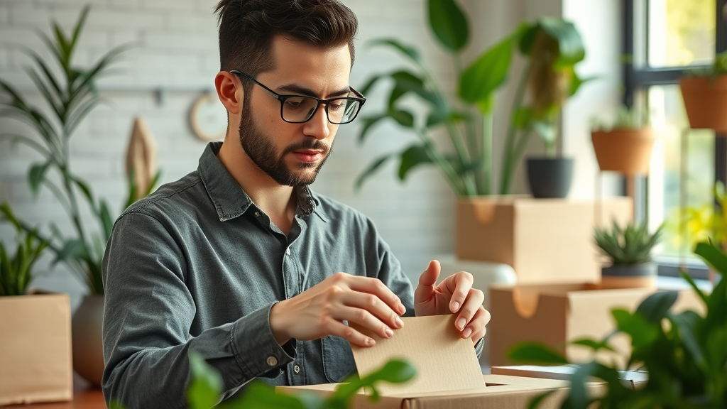 Eco-conscious entrepreneur in Auckland preparing eco-friendly business packaging, green workspace, sustainable materials in background