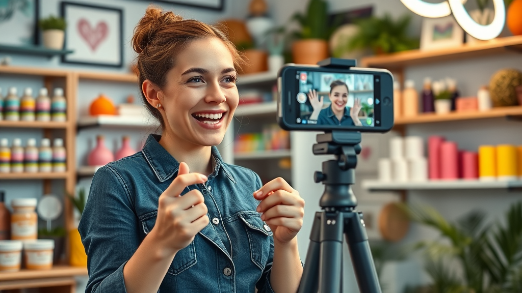 Small business owner in Auckland recording content marketing video for social media, vibrant workspace and digital engagement icons