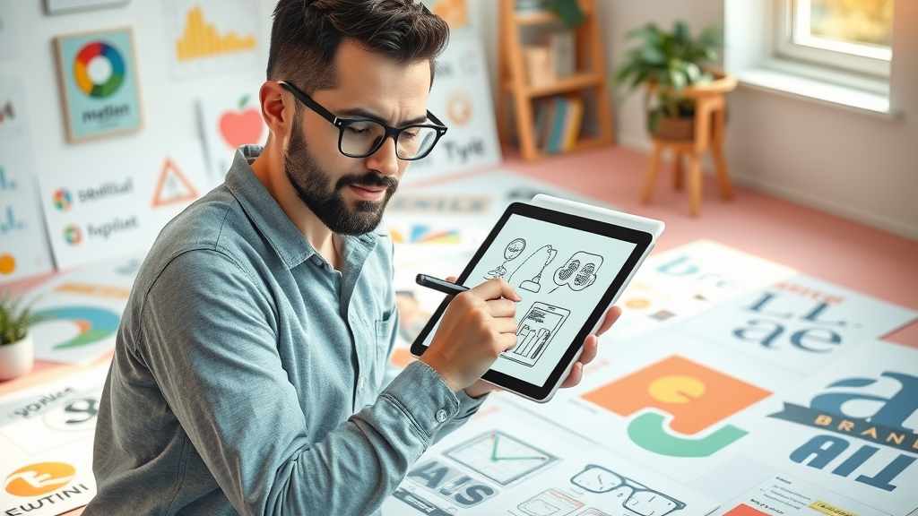 Creative designer in NZ sketching graphic design branding ideas on tablet in studio with branding materials visible
