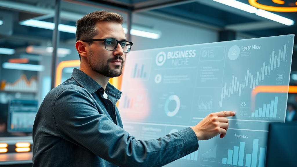 Ambitious NZ entrepreneur mapping business niches on digital whiteboard, futuristic workspace, projected graphs and neon accents
