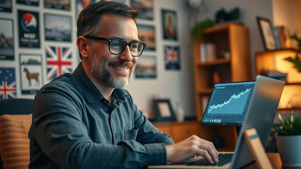 Satisfied NZ business owner reviewing growth reports on laptop with New Zealand memorabilia in home office