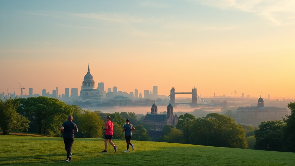 london healthy living panoramic view of London skyline at sunrise, people jogging in a lush green park, famous London landmarks visible, highly detailed and lifelike scene, golden hour natural light