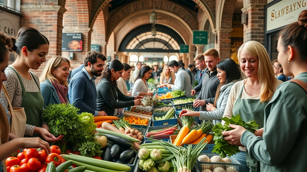 healthy living vibrant fresh food market in London, diverse Londoners selecting vegetables, interactive atmosphere, classic brick stalls, detailed lively scene