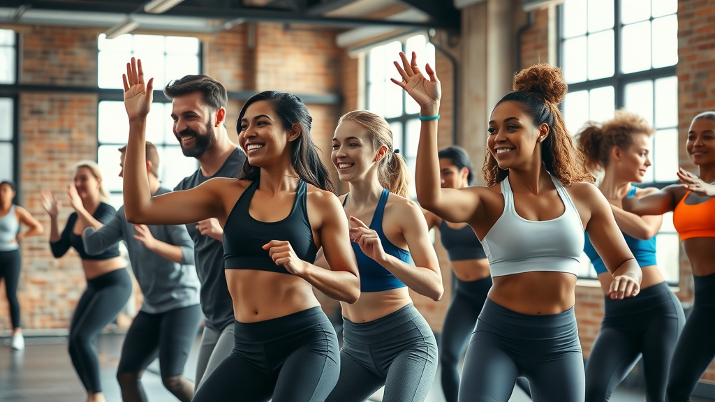east london healthy living multicultural group fitness session in vibrant gym, energetic and smiling, industrial modern space, detailed dynamic movement