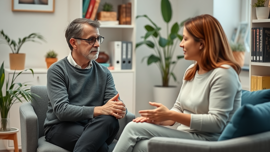 london healthy living calm therapy session, supportive therapist and client in relaxed, muted environment, detailed lifelike scene, plants and books visible