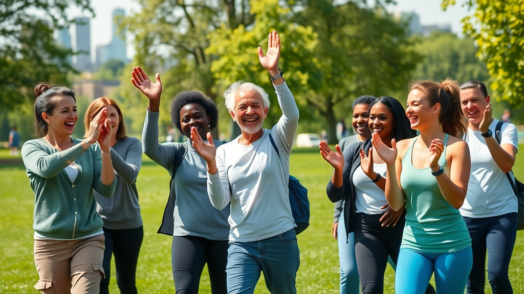 london healthy living motivational group celebrating health goals, London park, city skyline, energetic diverse people, detailed vibrant outdoor scene