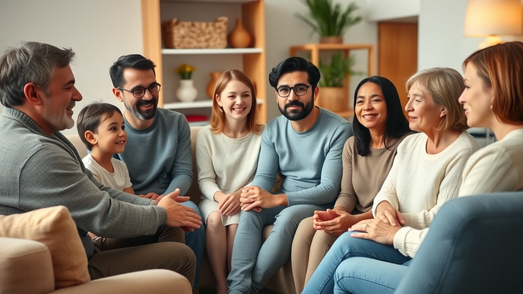 Family therapist guiding a diverse family during supportive counseling session.