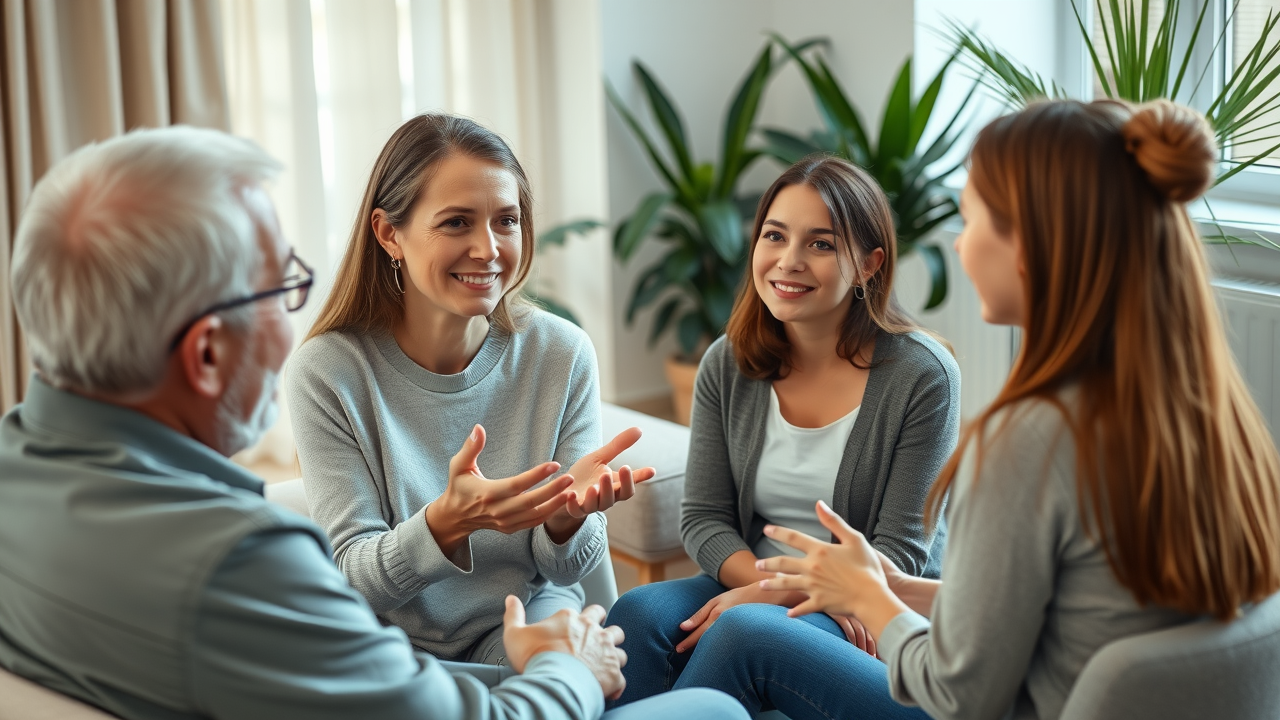 Family therapist helping parents and teen discuss change in a peaceful setting.