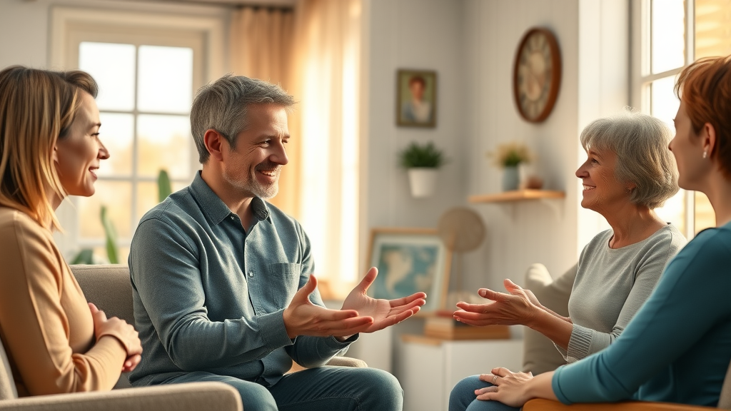 Experienced family therapist guiding healing conversations in a sunlit office.