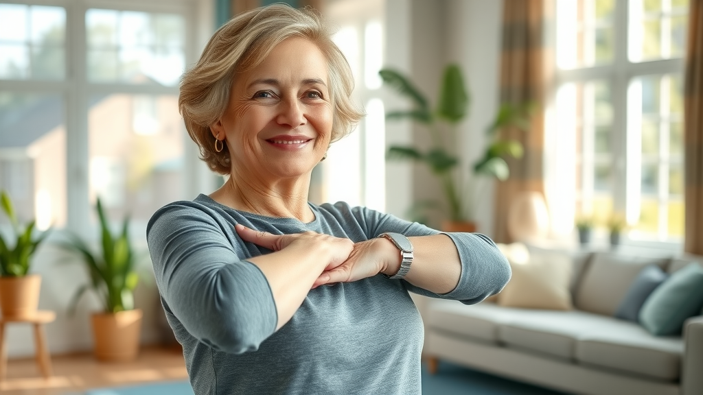Empowering mature woman with rheumatoid arthritis doing gentle arm stretch for exercises to manage rheumatoid arthritis pain in a sunlit living room with a yoga mat and greenery.