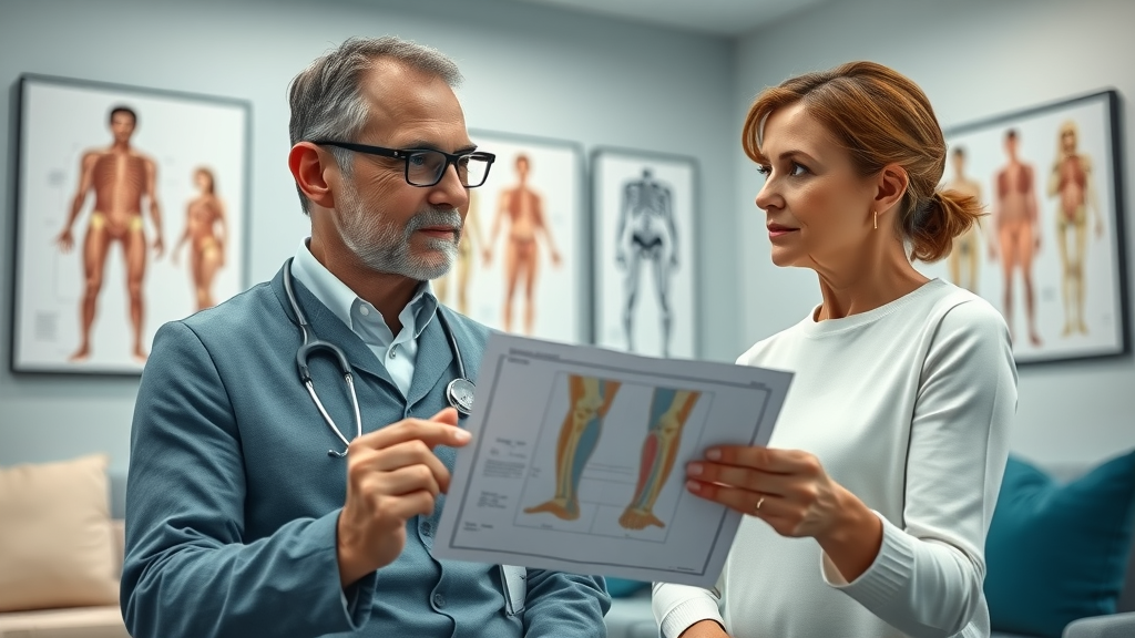 Thoughtful doctor explaining rheumatoid arthritis and exercises to manage rheumatoid arthritis pain to a woman in a clinic with joint model props.