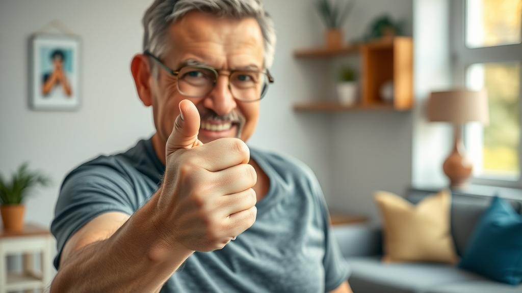 Middle-aged person with rheumatoid arthritis using a light resistance band for arm exercise to manage rheumatoid arthritis pain at home.