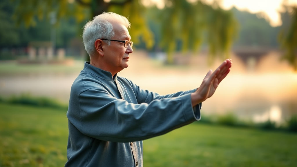 Serene older adult practicing tai chi outdoors for exercises to manage rheumatoid arthritis pain in a misty green park with gentle sunlight.