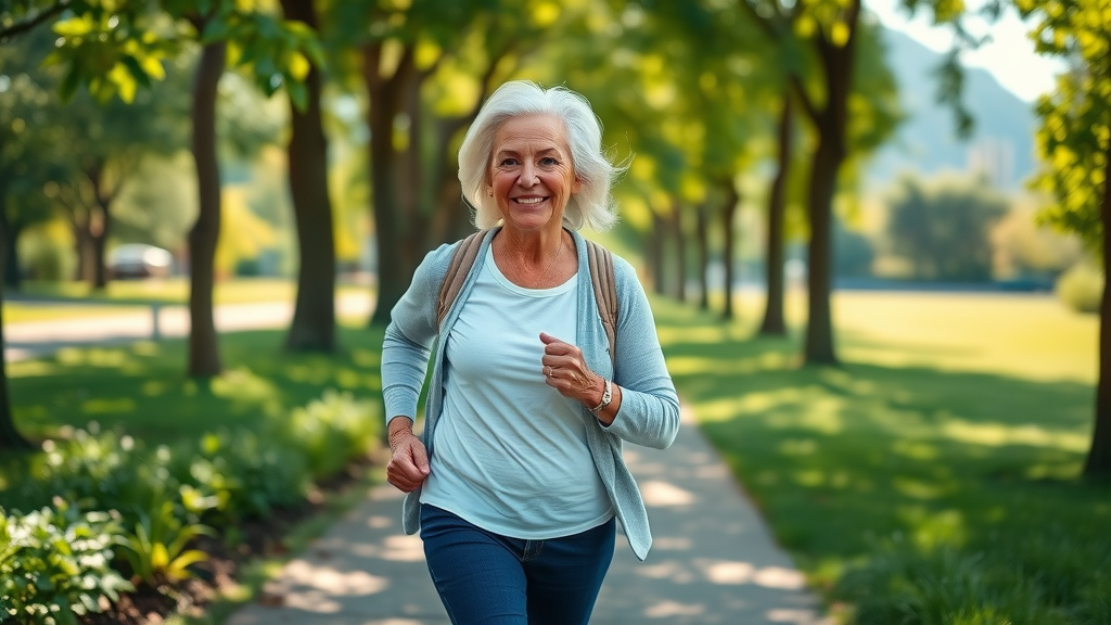 Energetic senior woman brisk walking outdoors for cardiovascular health and managing rheumatoid arthritis pain.