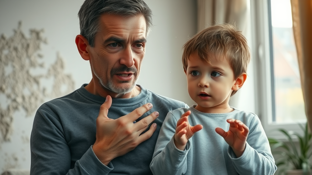 concerned adult and child noticing mold on wall, residential environment, mold exposure, health problems, mold healing