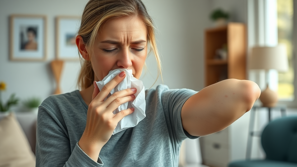 woman sneezing and holding tissue, tired, scratching rash due to mold allergy, realistic living room, mold healing