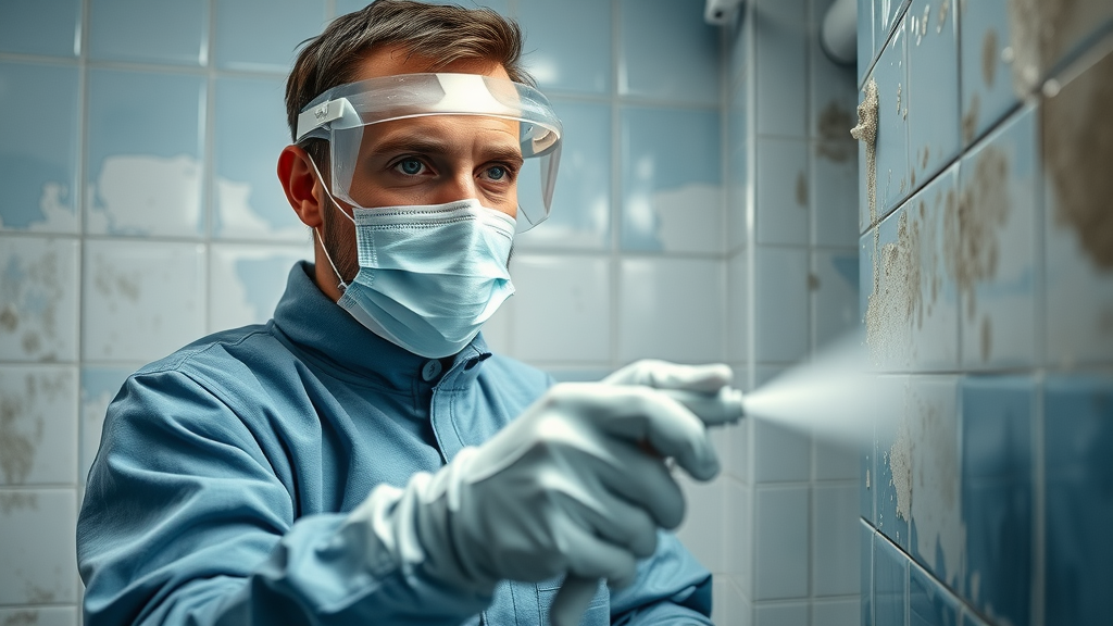 serious professional scrubbing black mold wall, protective gear, detailed cleaning, mold healing process