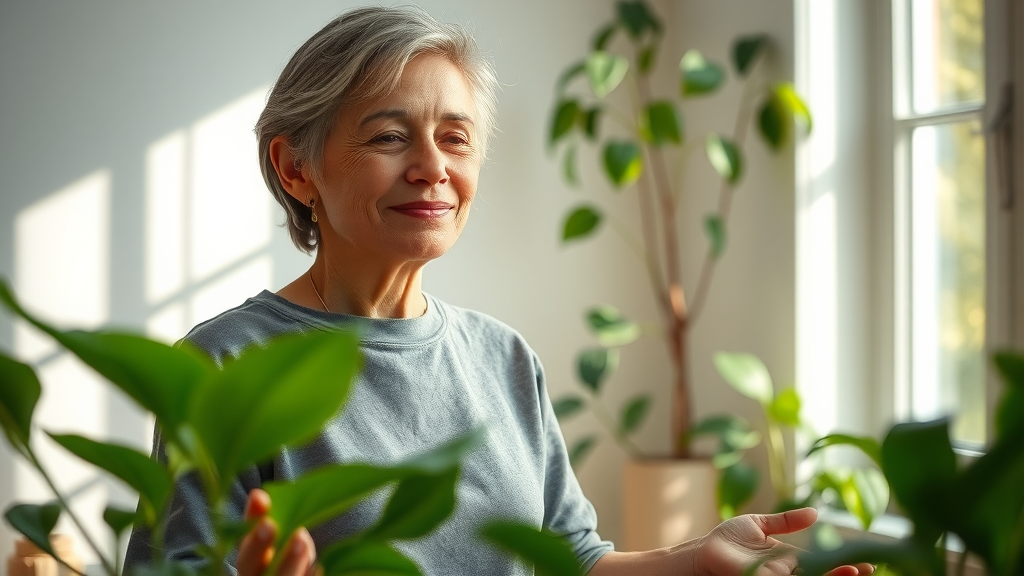 confident woman meditating near plants, bright healthy home, mold healing, recovery