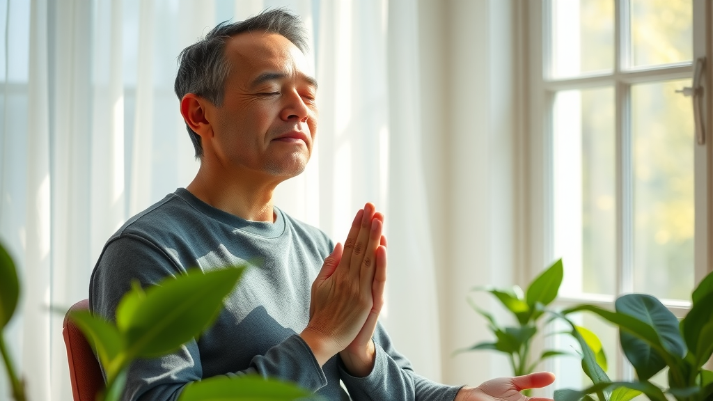 relaxed adult breathing exercise near window, indoor mold healing, fresh air, recovery, lung health