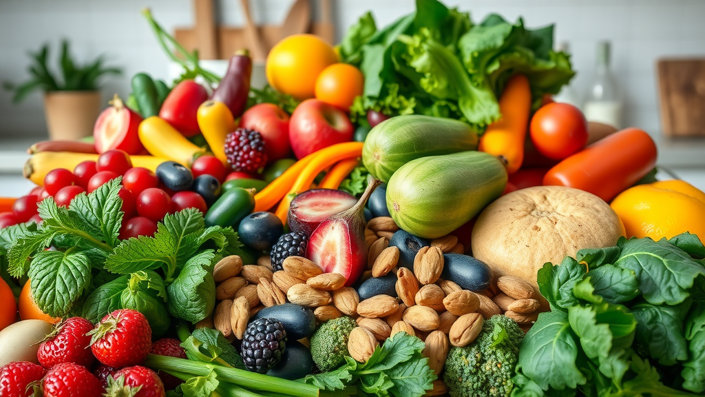 colorful fresh foods berries greens nuts probiotic-rich diet anti-inflammatory mold healing kitchen