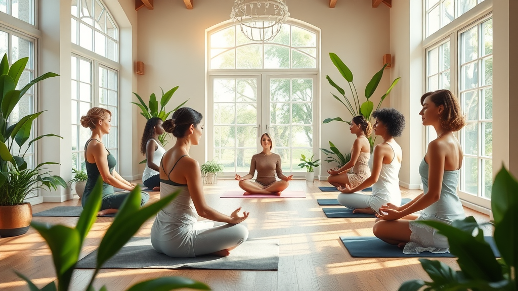 Diverse group meditating in a wellness studio for spiritual practice.