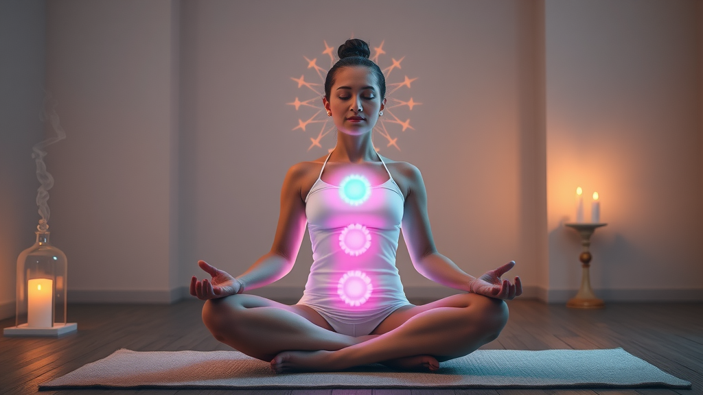 Chakra energy glowing on person in spiritual meditation practice.